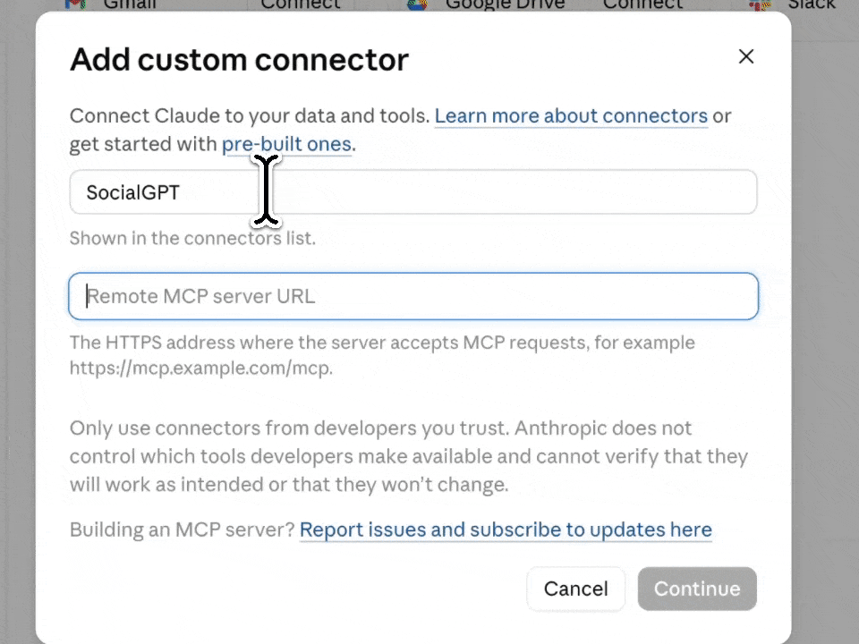 Naming the SocialGPT connector, pasting the server URL, and clicking Continue then Add